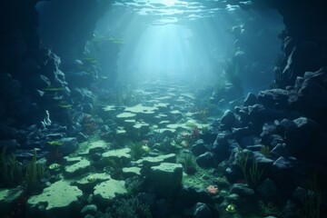 Beautiful underwater view of sunlit rocky bottom and clear blue water