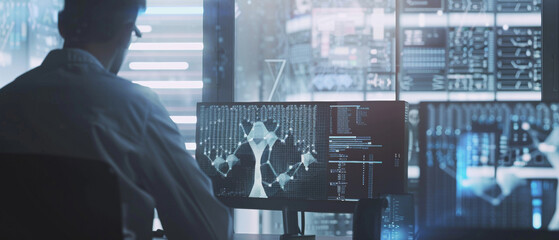 A professional delves into sophisticated analytics, optimizing digital data flow in a high-tech environment.