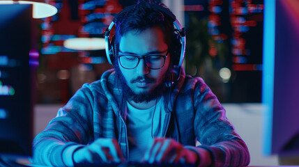 A programmer with headphones coding while listening to music, a peaceful expression on his face, programmer working, blurred background, with copy space