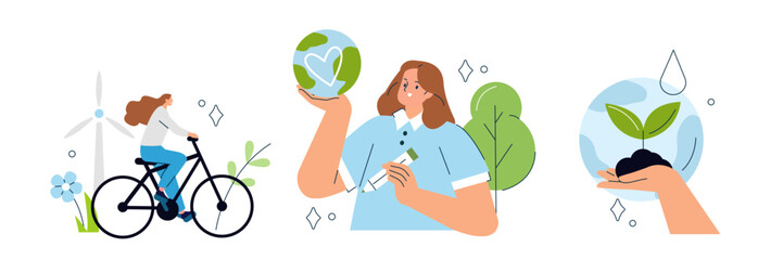 Sustainable lifestyle concept illustration. Collections of characters riding bike, planting trees, taking care of nature against climate change. Vector illustrations set.