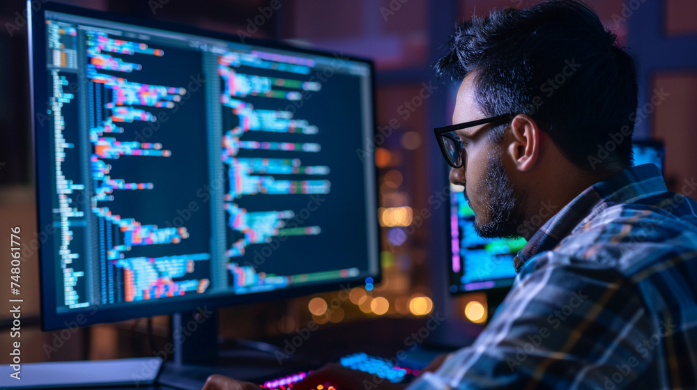 Wall mural a software engineer troubleshooting code on a large vertical monitor, a critical part of the develop