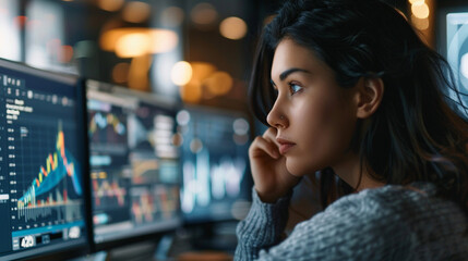 A female programmer analyzing data on dual monitors, showcasing diversity and expertise in the tech industry, programmer working, blurred background, with copy space