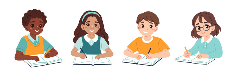 Education concept set. Collection of school boys and girls characters sitting at desk, writing and doing homework. Vector illustration.
