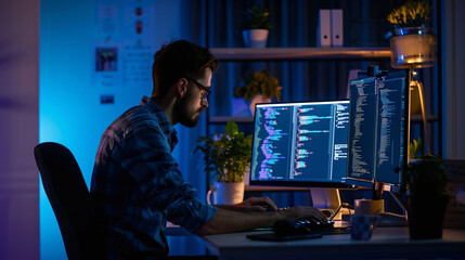 A programmer's desk at night, the only light coming from the monitors as he works on a software update, programmer working, blurred background, with copy space