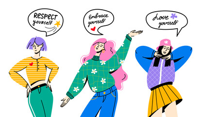 Confident and happy females with speech bubbles set. Independence and self love lettering phrases. Flat colorful vector illustration isolated on white background
