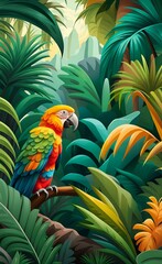 Fototapeta premium forest landscape wallpaper design, parrots and palm trees, big leaves, mountain scenery, mural art, Generative AI