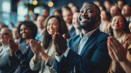 Joyful Audience Celebrating at a Seminar. Smiling people applauding enthusiastically at a professional event. - obrazy, fototapety, plakaty