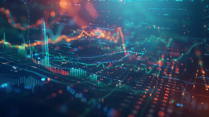 vibrant display of financial data analytics, with various types of graphs and numerical data overlaid on a digital interface or motherboard - obrazy, fototapety, plakaty