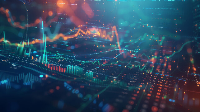 vibrant display of financial data analytics, with various types of graphs and numerical data overlaid on a digital interface or motherboard