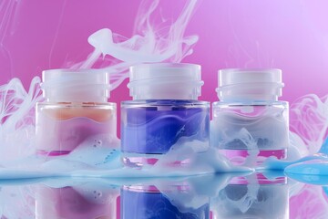 Facial pumice stone skin care cream. Skincare treatment products: female lotion, skincare vascular calcification gel, oil, pipette with dry skin cream serum and ease jar pot