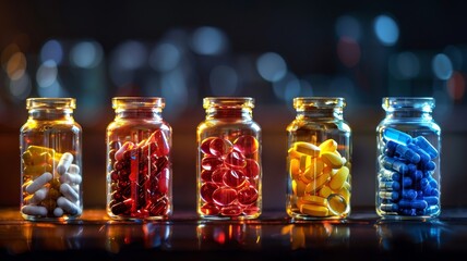 Colorful Medication in Glass Jars on Luminous Background. Various pills and capsules showcased in clear jars against a glowing, defocused light backdrop, the concept of modern pharmaceuticals. - obrazy, fototapety, plakaty