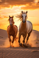 Captivating Snapshot: Graceful Arabian Horses Galloping Free in the Wilderness Under a Crimson Skyline