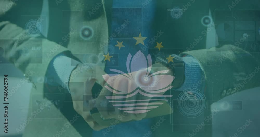 Poster animation of flag of macau over processing data and biracial man using smartwatch and smartphone