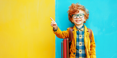 Fototapeta premium smiling cute little boy, with glasses, backpack, books, standing against yellow blue wall