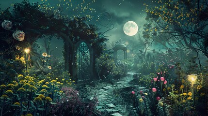The Garden of Tarot a whimsical wonderland bathed in moonlight where imagination walks hand in hand with the arcane - obrazy, fototapety, plakaty