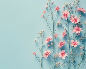 Flat lay creative illustration concept of spring field flowers on a pastel blue background. Beautiful pink bloomed flowers.