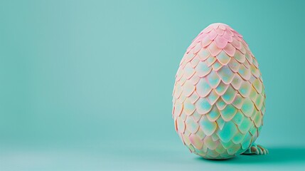 Easter egg made of dragon scales with a dragon's claw. On aqua blue background. Minimal Easter concept. Pastel colors.