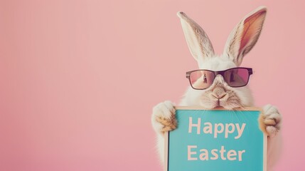 Modern Easter bunny wearing fashion sunglasses. Holding a sign with the text 