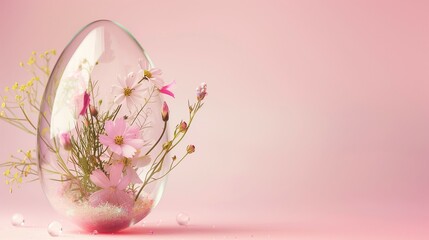 Transparent Easter egg with spring meadow flowers inside. Pale pink background. Minimal Easter concept.