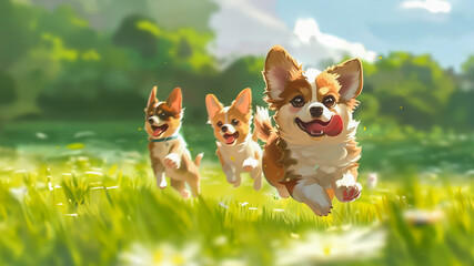 Cute pets in a vibrant, sunny field, dynamic action shot. 