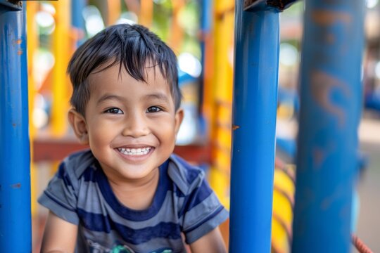Fototapeta Adorable hispanic boy smiling happy playing at the park.