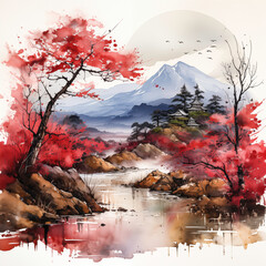 Japanese style watercolor landscape painting