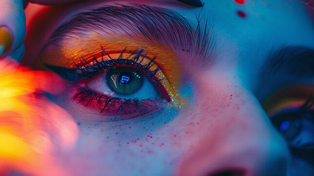A close-up of a skilled makeup artist creating fantasy-inspired looks with bold colors. realistic stock photograph