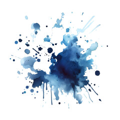 A blue watercolor splash splatters across a white background, its edges soft and dreamlike.