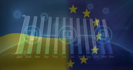Animation of flags of ukraine and eu over network of media icons and charts processing data - Powered by Adobe