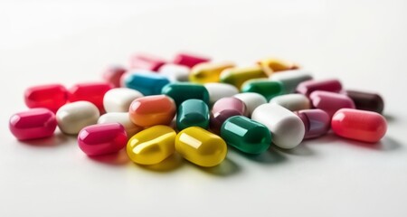 Vibrant assortment of colorful pills on white background