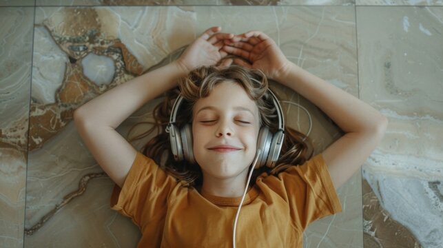 Child with headphones lying on the floor, eyes closed, enjoying music, perfect for themes of relaxation and joy in simple pleasures