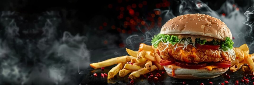 fried crispy chicken burger with french fries in a dark smokey background for food commercial advertisement banner