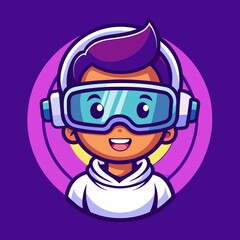 A mascot logo symbolizing the excitement and innovation of virtual reality, featuring a child with a white headset against a background of vibrant purple hues