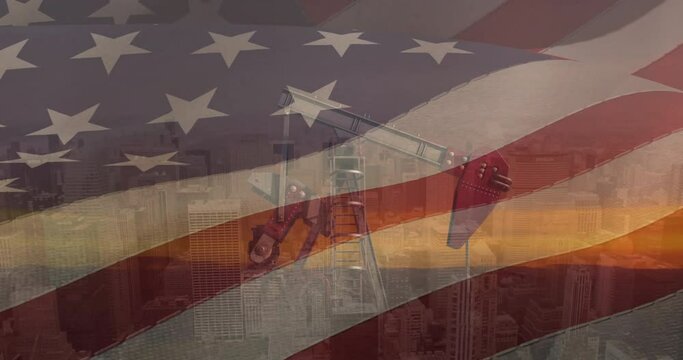Animation of flag of america over oil derrick and cityscape