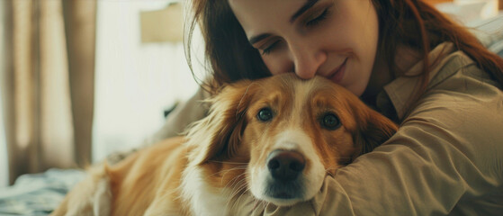 Woman tenderly embracing her loyal dog, sharing a moment of companionship and love.