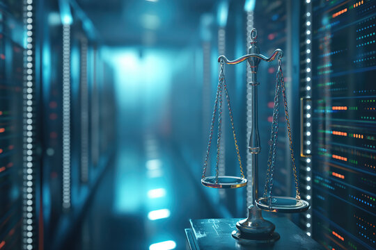 Law scales, data center on background, digital law concept.