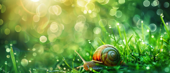 Snails in magical morning light, an intimate scene of nature's slow-paced life. - obrazy, fototapety, plakaty