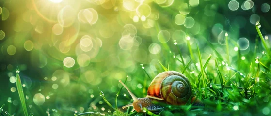Deurstickers Snails in magical morning light, an intimate scene of nature's slow-paced life. © Ai Studio