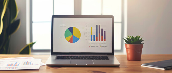 A modern workspace with a laptop displaying colorful data charts and a plant accent.