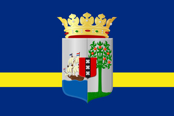 The official current flag and coat of arms of Country Curacao. State flag of Curacao. Illustration.