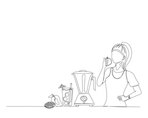 Continuous one line drawing of woman eating apple with blender behind. blender and woman eating fruit single outline vector illustration. Editable stroke.