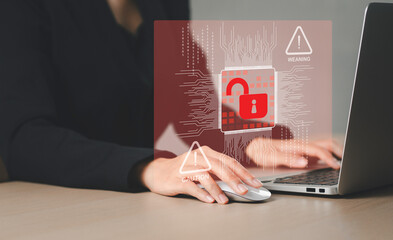 Notification with broken red lock icon showing unsafe data hacking security system Under cyber attack, compromised password, virus infection, internet network with binary code