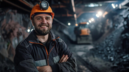 cheerful manager with armed cross in coal mining - obrazy, fototapety, plakaty