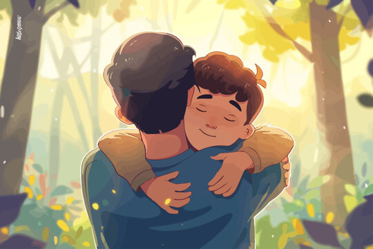 father hugs his son illustration