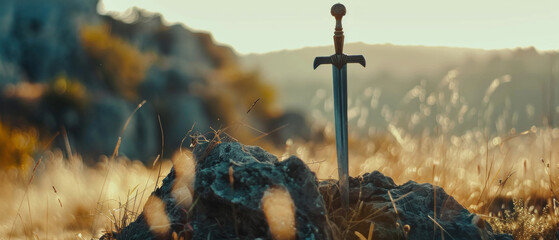 A mythical sword stands embedded in stone, evoking tales of heroism and legend at twilight. - obrazy, fototapety, plakaty