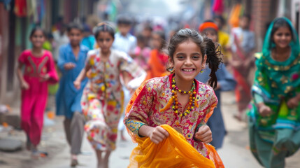 During Eid alAdha children can be seen running around with excitement showing off their new colorful clothes and playful accessories such as beaded bracelets and bangles. - obrazy, fototapety, plakaty