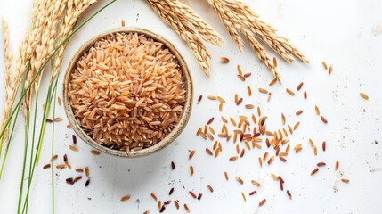 brown rice on the white background, top view - obrazy, fototapety, plakaty