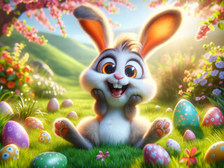 Cheerful Easter Bunny Enjoying Bright Spring Day. cute Easter bunny sits among painted eggs and blooming flowers on sunny day. Easter egg hunt - 748064786
