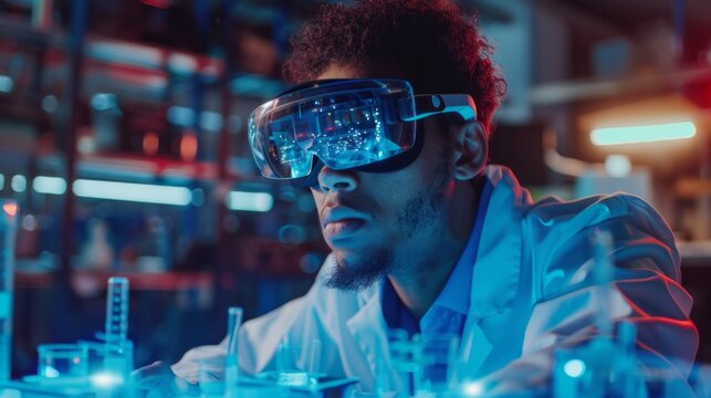 Scientist using augmented reality glasses in a laboratory, high-tech research