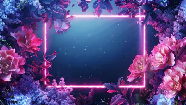 beautiful spring or summer animated backdrop, flowers, sun light rays, floating particles, glowing neon frame, blank copy space, banner card composition, 4k seamless loop
